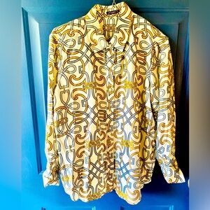 J. McLaughlin button down shirt blouse top blue gold ivory chain pattern